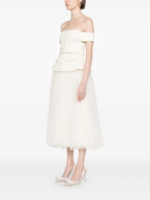 Self-Portrait bouclé tulle midi dress - Neutrals