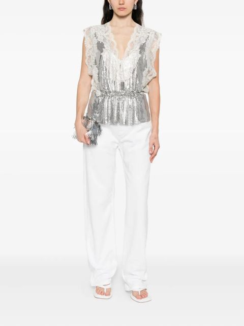 Rabanne lace-insert mesh gathered-waist top - Silver