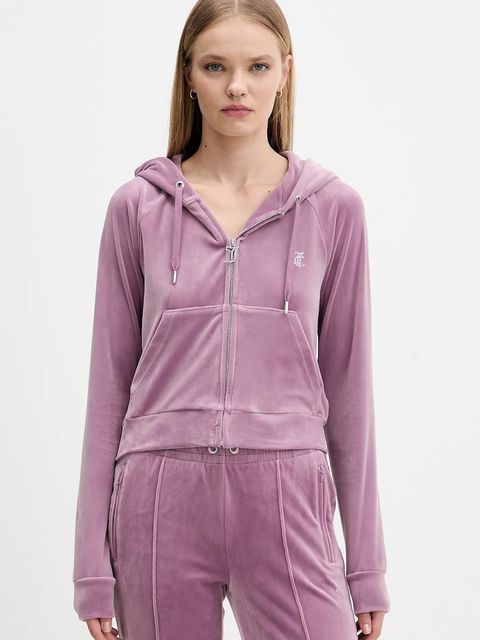 Juicy Couture bluza welurowa damska kolor fioletowy z kapturem gładka JCWAS225306 - zdjęcie produktu nr 1