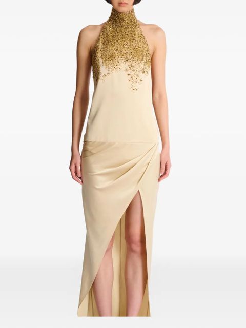 Balmain halterneck embroidered silk maxi dress - Neutrals