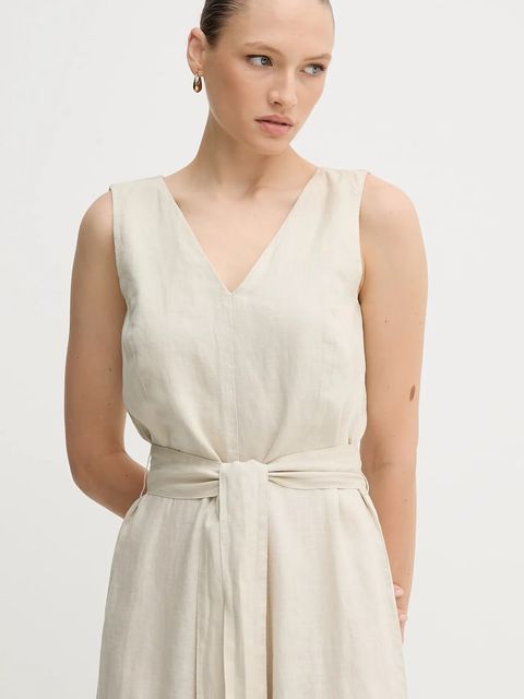 United Colors of Benetton kombinezon lniany kolor beżowy z dekoltem w szpic 4AGHDT00E