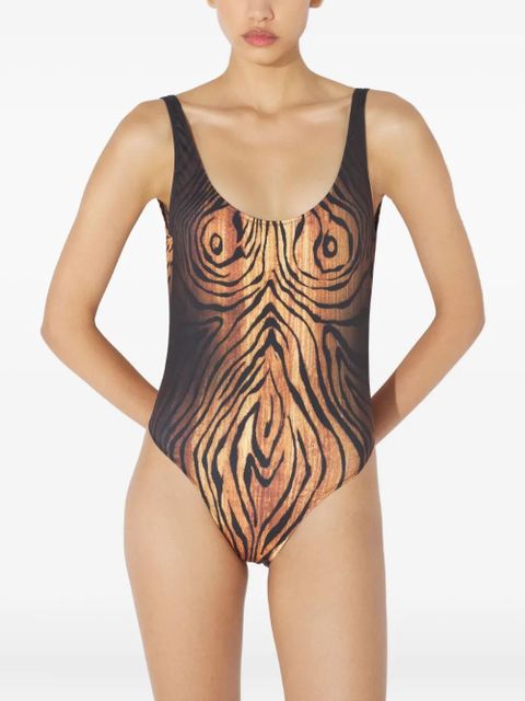 Jean Paul Gaultier wood-print scoopneck swimsuit - Black