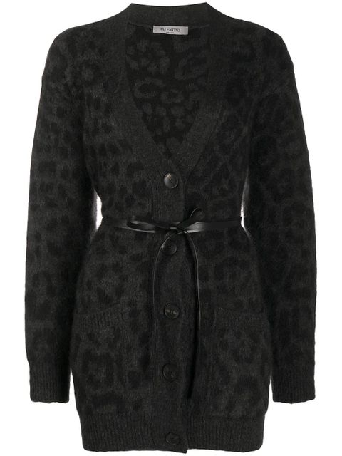 Valentino Garavani leopard pattern belted V-neck cardigan - Grey - zdjęcie produktu nr 1