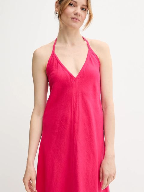 United Colors of Benetton sukienka lniana kolor różowy maxi rozkloszowana 4AGHDV0BF