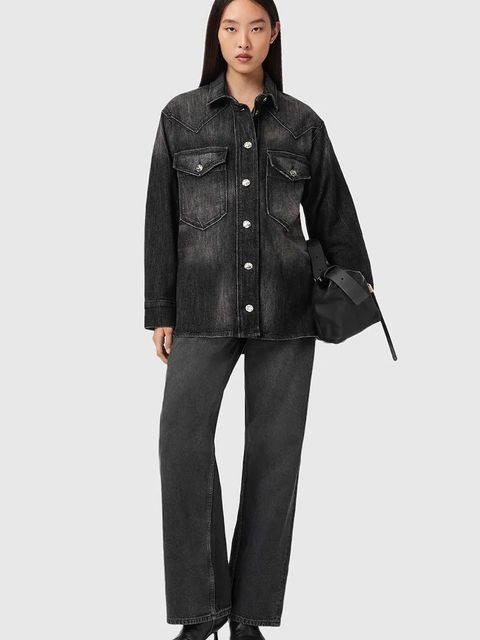 AllSaints koszula jeansowa damska kolor czarny regular z kołnierzykiem klasycznym W094PD