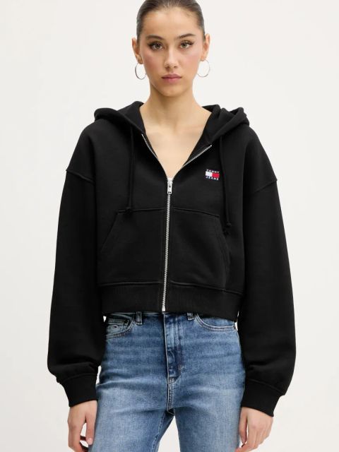 Tommy Jeans bluza bawełniana damska kolor czarny z kapturem z aplikacją DW0DW21355