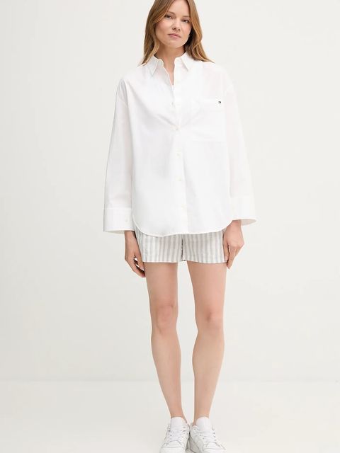 Tommy Hilfiger szorty lniane damskie kolor biały wzorzyste high waist WW0WW45773 - zdjęcie produktu nr 2