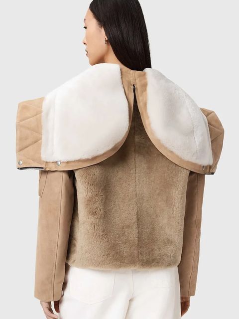 AllSaints kurtka zamszowa kolor beżowy przejściowa W062LD