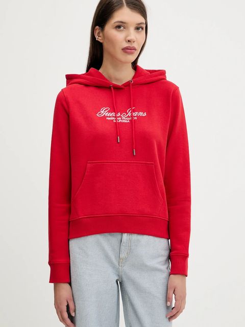 Guess Jeans bluza bawełniana damska kolor czerwony z kapturem z aplikacją W5YQ13 K68I4 - zdjęcie produktu nr 1
