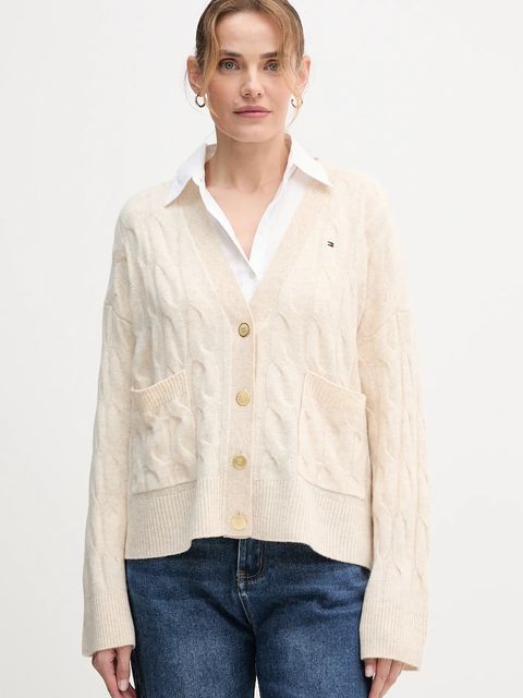 Tommy Hilfiger kardigan wełniany kolor beżowy WW0WW43089 - zdjęcie produktu nr 1