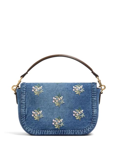 Valentino Garavani Alltime medium embroidered denim shoulder bag with embroidered ribbon strap - Blue