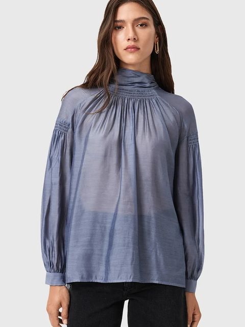 AllSaints bluzka z dodatkiem jedwabiu PEARLA damska kolor fioletowy gładka W027PD - zdjęcie produktu nr 1