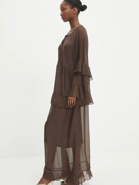 Answear.LAB sukienka z jedwabiem kolor brązowy maxi rozkloszowana