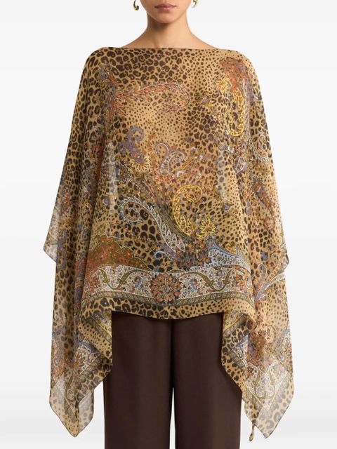 ETRO paisley-motif animal-print silk poncho - Brown