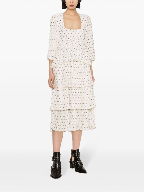 GANNI monogram-print pleated midi dress - Neutrals