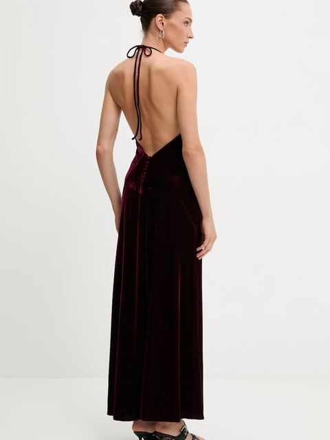 Bardot sukienka welurowa kolor bordowy maxi rozkloszowana 59315DB2