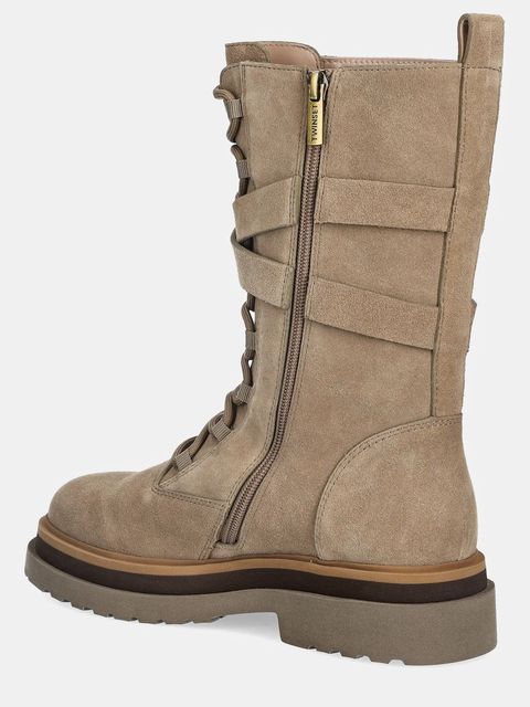 Twinset botki zamszowe damskie kolor beżowy na płaskim obcasie 252TGT050