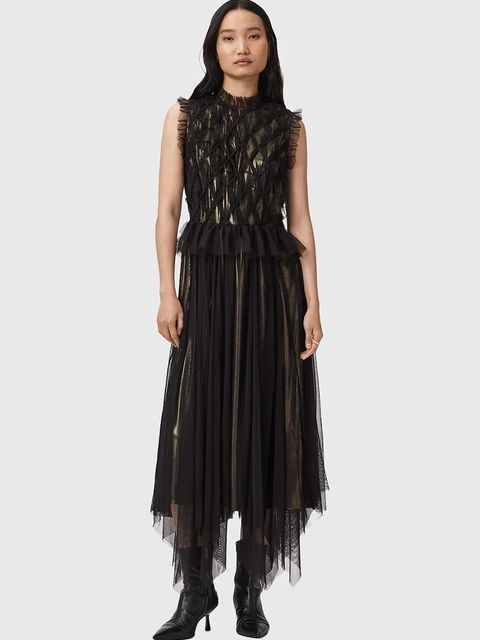 AllSaints sukienka kolor czarny midi rozkloszowana W186DD - zdjęcie produktu nr 2