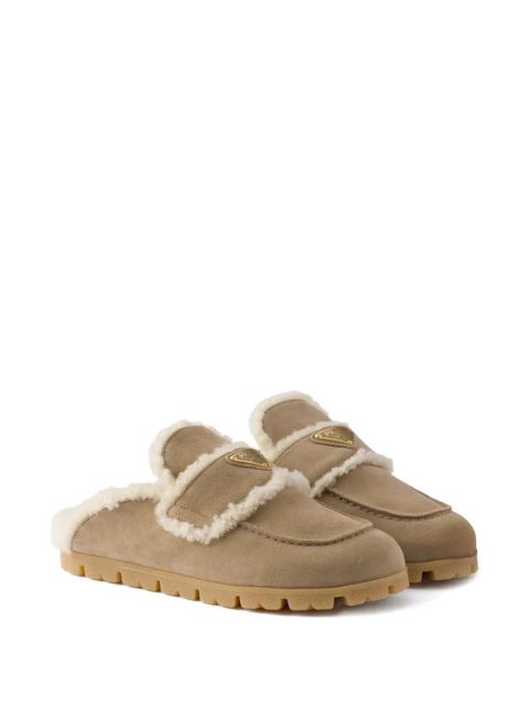 Prada shearling logo-plaque mules - Neutrals - zdjęcie produktu nr 2