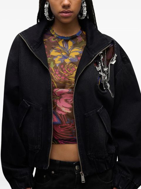 AREA crystal chain cut-out bomber jacket - Black
