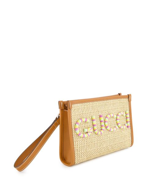 Gucci logo-plaque raffia clutch bag - Neutrals