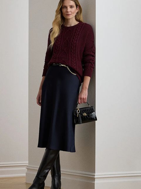 Lauren Ralph Lauren spódnica kolor granatowy midi rozkloszowana 200925882 - zdjęcie produktu nr 2