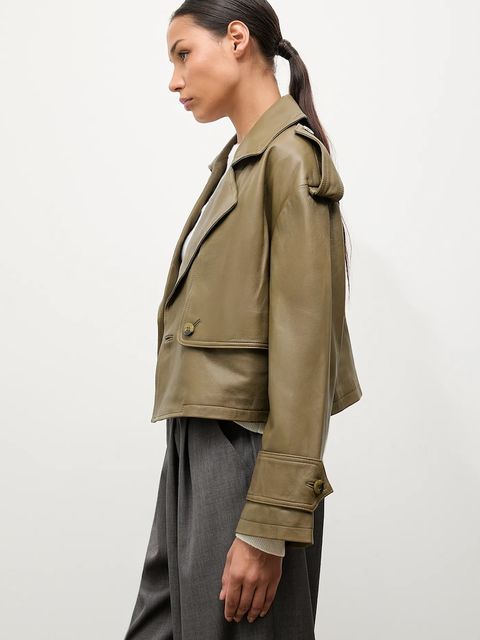 Answear.LAB kurtka skórzana kolor zielony przejściowa oversize