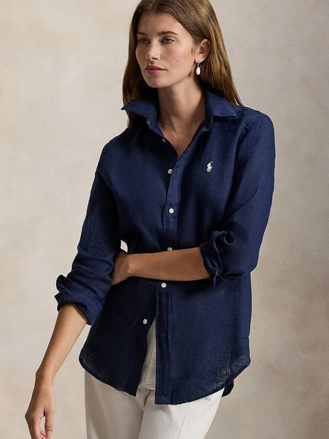 Polo Ralph Lauren koszula lniana kolor granatowy relaxed z kołnierzykiem klasycznym 211970730 - zdjęcie produktu nr 1