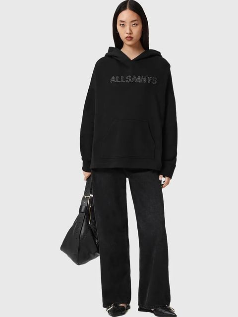 AllSaints bluza bawełniana damskie kolor czarny z kapturem z nadrukiem W118JD