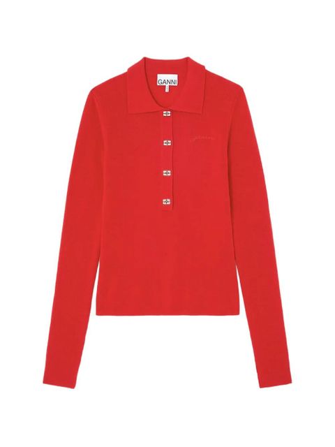 GANNI logo-button long-sleeve polo shirt - Red - zdjęcie produktu nr 1