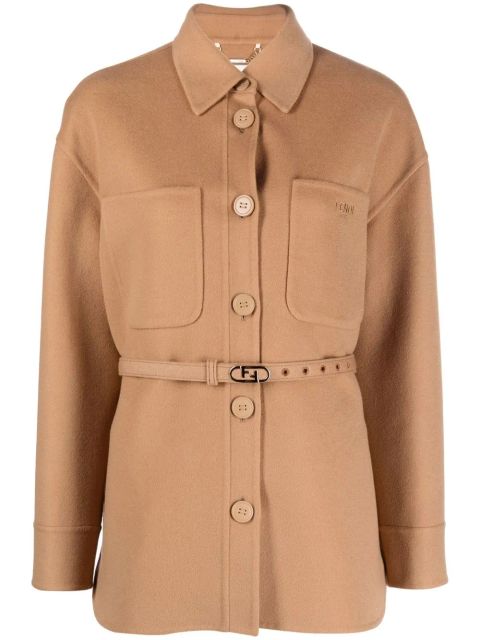 FENDI logo-buckle single-breasted coat - Brown