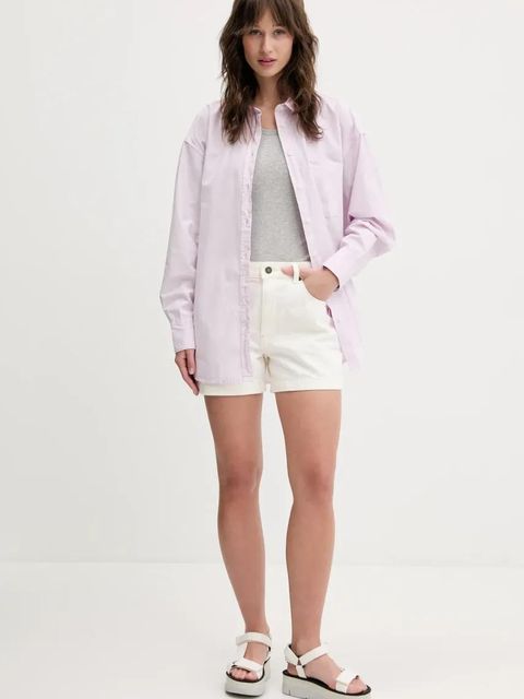 Guess Jeans koszula bawełniana damska kolor fioletowy relaxed z kołnierzykiem klasycznym W4YH22 WGCF1