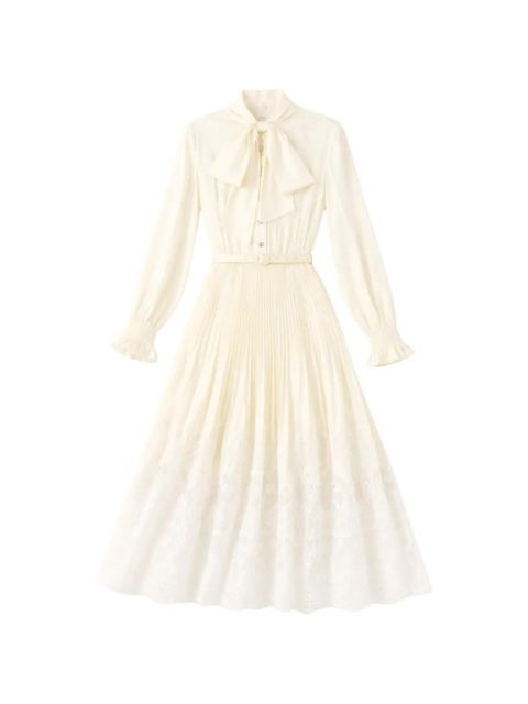 Self-Portrait bow-detaiil pleated midi dress - Neutrals - zdjęcie produktu nr 1