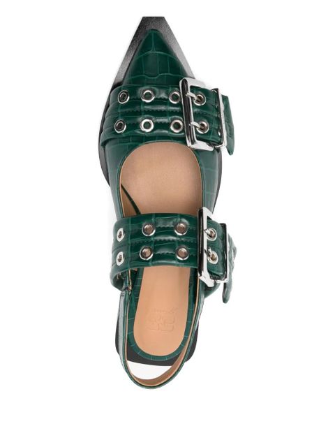 GANNI double-buckle pointed flat pumps - Green