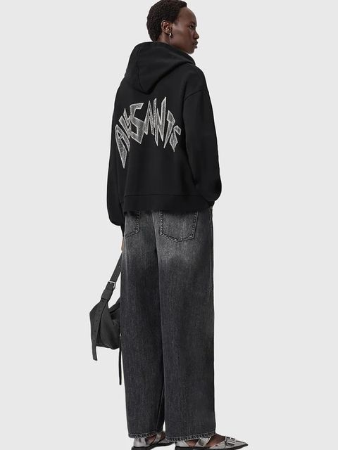 AllSaints bluza bawełniana damska kolor czarny z kapturem z aplikacją W090JD
