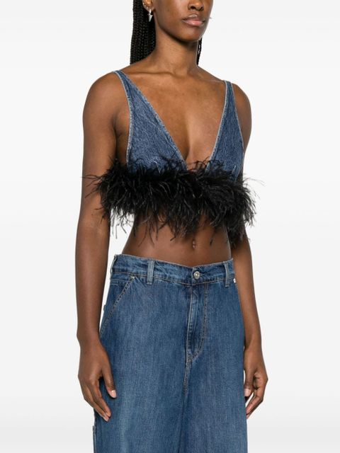 Miu Miu feather-trim denim top - Blue
