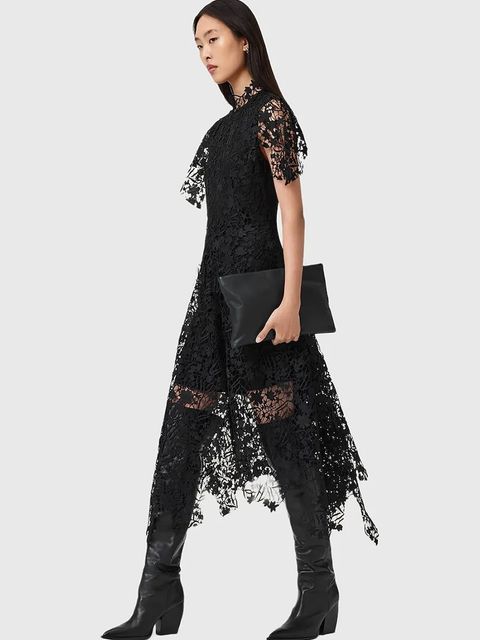 AllSaints sukienka kolor czarny midi rozkloszowana W167DD