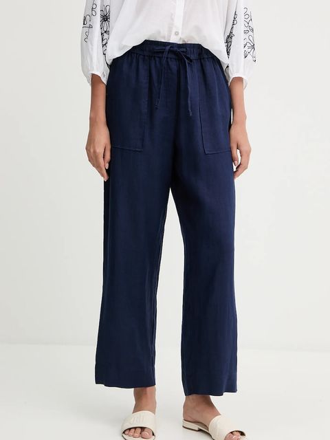 United Colors of Benetton spodnie lniane damskie kolor granatowy proste high waist 4AGHDF08J - zdjęcie produktu nr 1