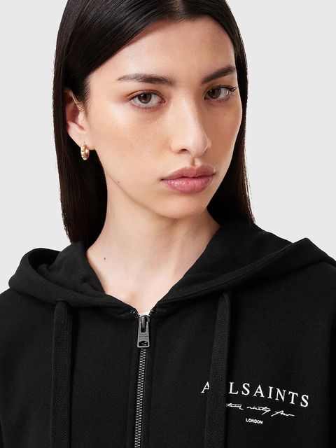 AllSaints bluza bawełniana AROMA damska kolor czarny z kapturem z nadrukiem W134JC