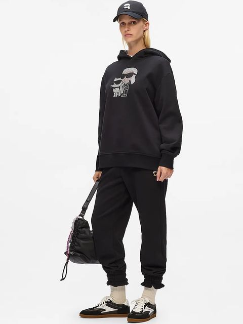 Karl Lagerfeld bluza bawełniana IKON damska kolor czarny z kapturem z aplikacją A4W20070