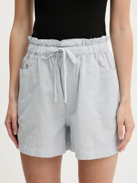 Tommy Jeans szorty z domieszką lnu damskie kolor niebieski wzorzyste high waist DW0DW20360 - zdjęcie produktu nr 1
