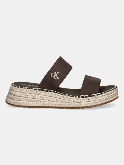 Calvin Klein Jeans klapki SPORTY ROPE MG LTH WEBBING damskie kolor brązowy na koturnie YW0YW01704