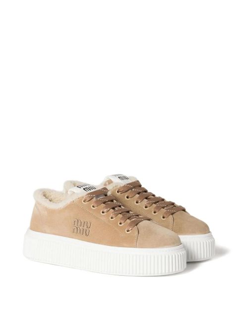 Miu Miu logo-embroidered suede sneakers - Neutrals - zdjęcie produktu nr 1