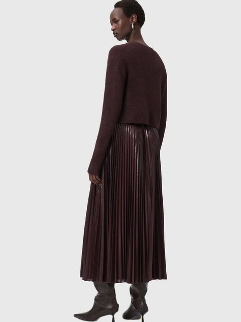 AllSaints sukienka i sweter kolor brązowy midi rozkloszowana W328DB