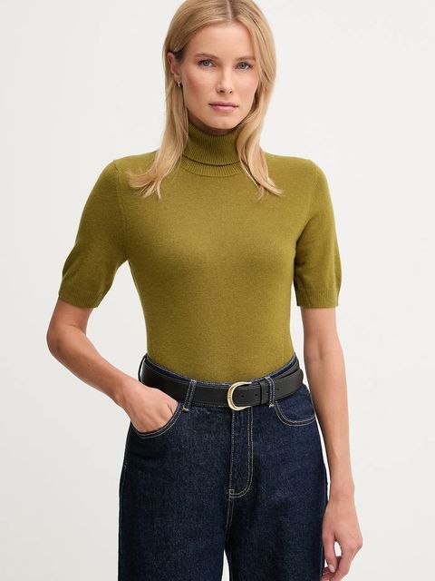 United Colors of Benetton sweter z dodatkiem wełny dziecięcy damski kolor zielony lekki z golfem 102HD203X - zdjęcie produktu nr 1