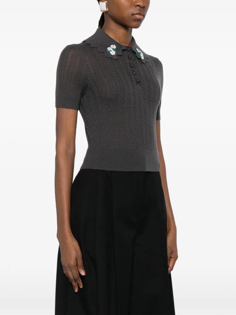 Self-Portrait floral-appliqué polo shirt - Grey
