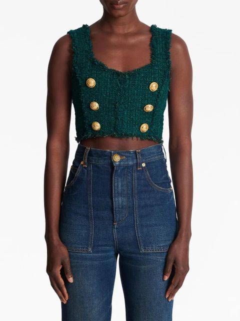 Balmain 6-Buttons tweed cropped top - Green - zdjęcie produktu nr 2