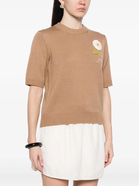 GANNI floral-appliqué short-sleeve sweater - Neutrals