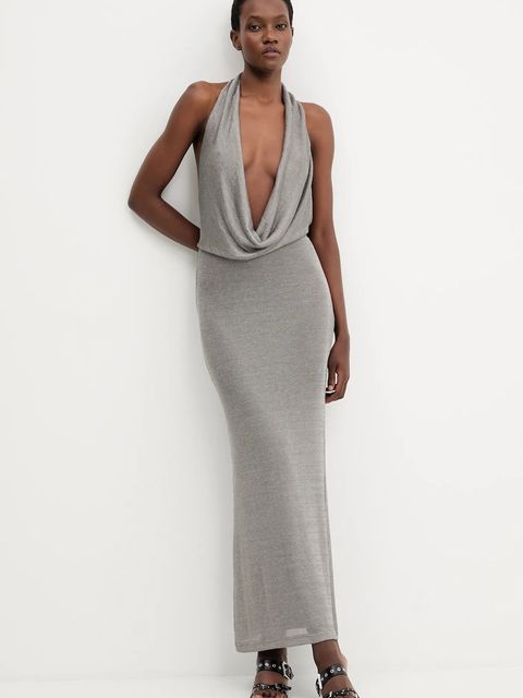 Bardot sukienka kolor srebrny midi dopasowana 59814DB1