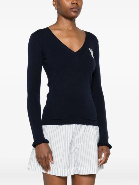 Valentino Garavani ruffled V-neck wool sweater - Blue